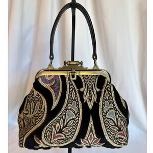 Vintage Tapestry Carpet Bag Kiss Lock Frame Purse Boho Paisley 50s 60s Style